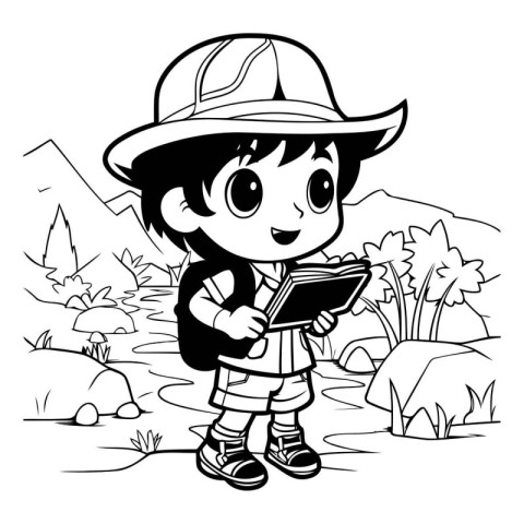 Boy with a book in the forest - Black and White Cartoon Illustra