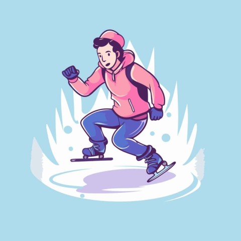 Vector illustration of a young man skating on ice. Cartoon style