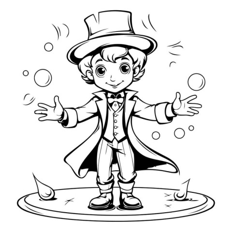 Black and White Cartoon Illustration of Funny Magician or Magici