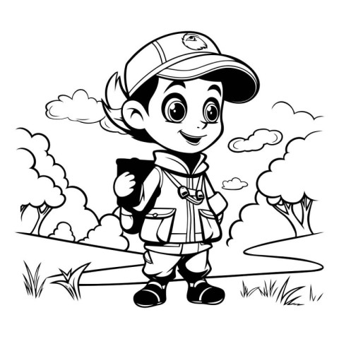 Cute boy with backpack in the park. black and white vector illus