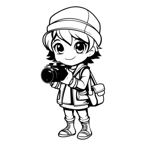 cute little girl with camera. black and white vector illustratio