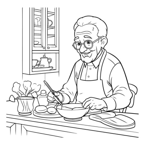 Elderly man cooking in the kitchen. black and white vector illus