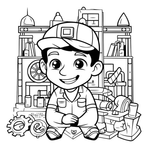 Black and White Cartoon Illustration of Kid Boy Builder for Colo