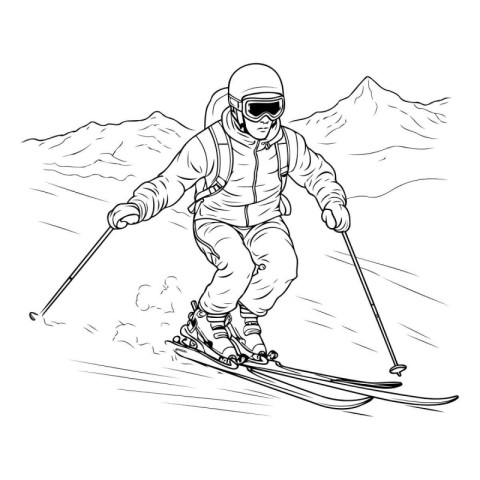 Skier skiing downhill in mountains. Black and white vector illus