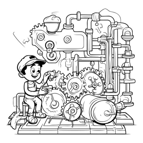 Cartoon Illustration of Kid Boy Repairing Machine for Coloring B