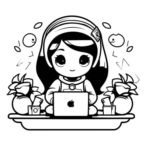 Cute little girl using laptop computer. Vector illustration. Bla