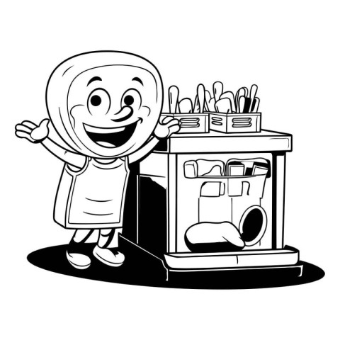 Cute little girl with a washing machine in her hands. Vector ill