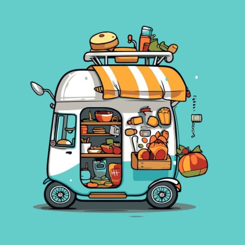 Food truck with food on wheels. Vector illustration of food truc