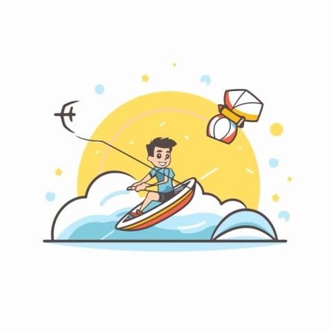 Man riding a wakeboard on the sea. Flat design vector illustrati