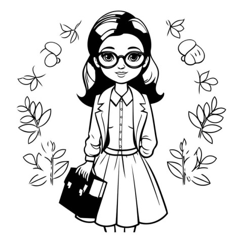 Fashion girl with handbag and sunglasses cartoon in black and wh