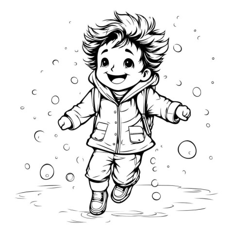 Cute little boy jumping in the rain. Black and white vector illu