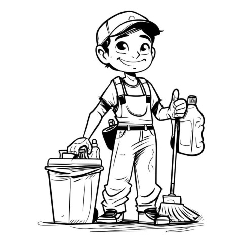 cleaning service worker cartoon vector illustration graphic desi