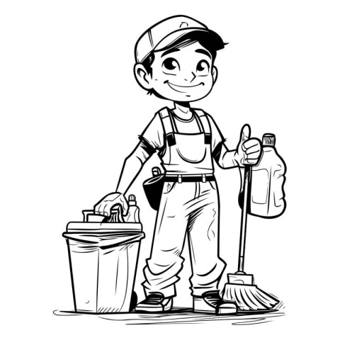 cleaning service worker cartoon vector illustration graphic desi