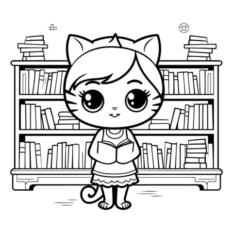 Cute little girl in the library. Black and white vector illustra