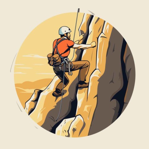 Climber climbing on a cliff. Vector illustration in retro style.