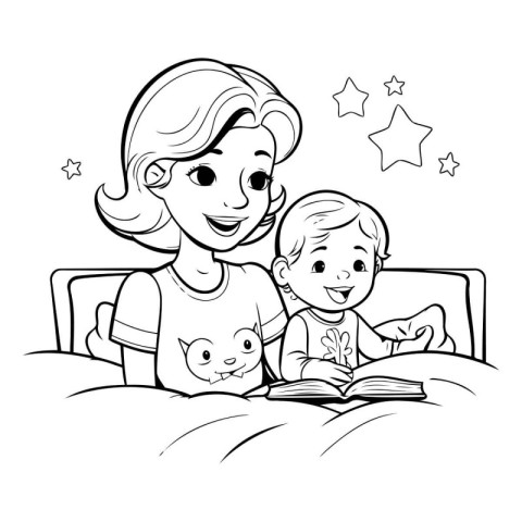 Mother reading a book to her son. black and white vector illustr