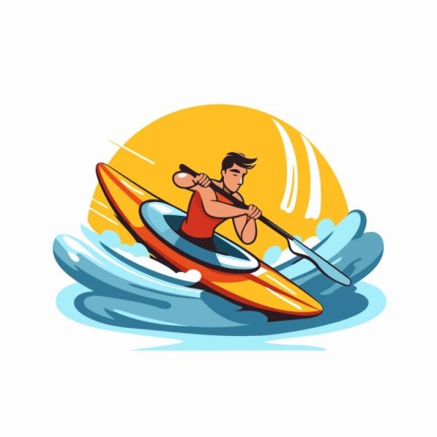 Kayaking on the sea. Vector illustration of a man in a kayak.