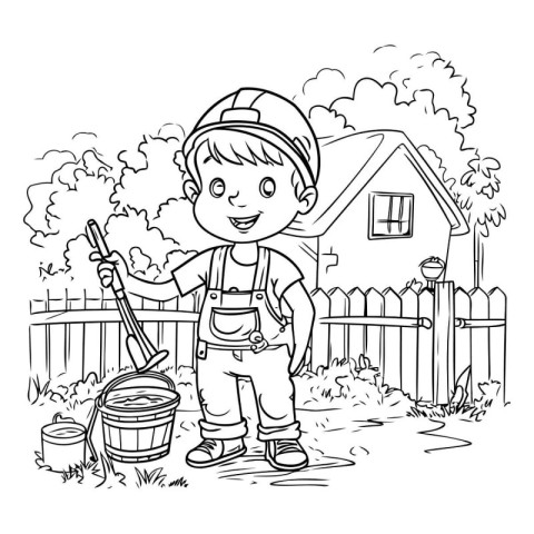 Boy with a bucket and a shovel in the garden. coloring book