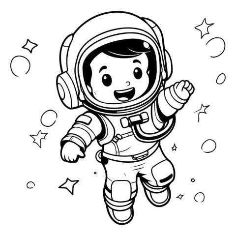 Cute astronaut boy in spacesuit. black and white vector illustra