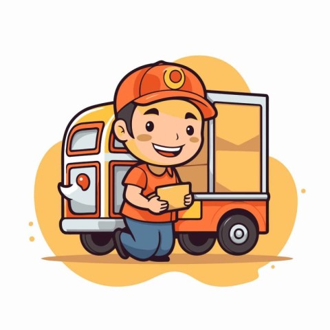 Cute cartoon delivery boy in uniform and helmet. vector illustra