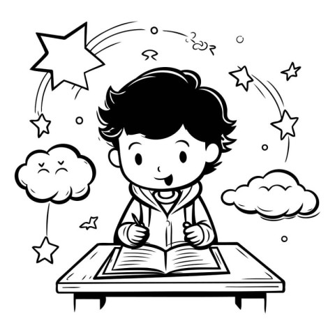 Black and White Cartoon Illustration of Kid Boy Reading a Book o