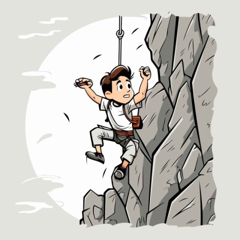 Cartoon illustration of a man climbing on a cliff. Vector illust