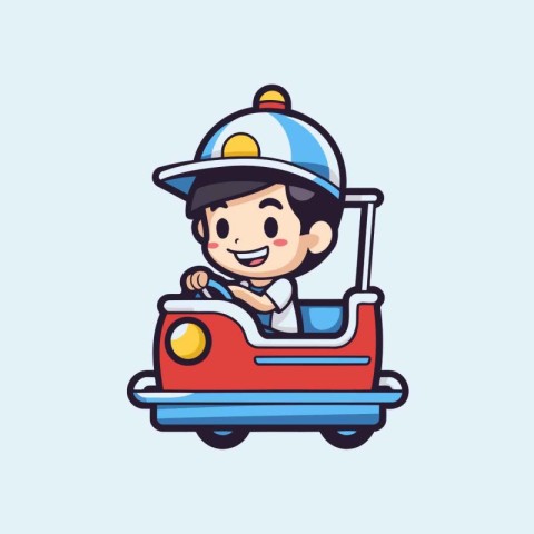 Cute boy driving a toy car with fireman theme vector art illustr