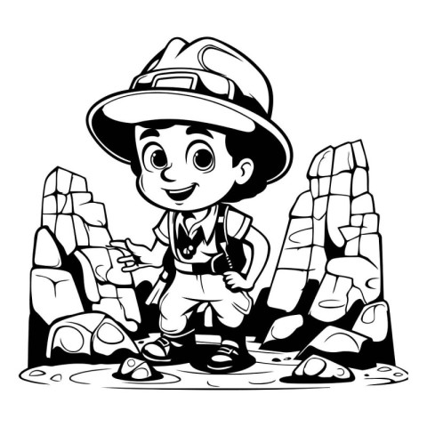 Illustration of a cartoon explorer boy standing next to a stone