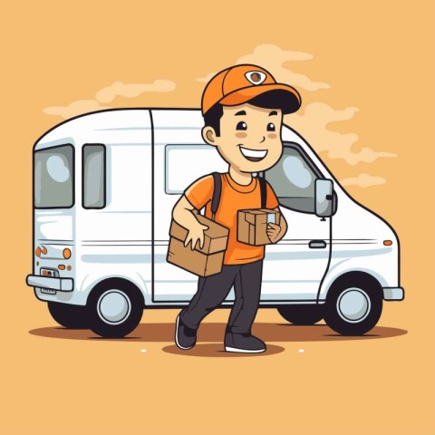 Delivery man with a parcel in a van. Vector illustration in cart