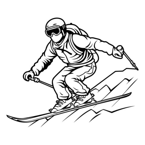 Skier skiing downhill. Extreme sport. Black and white vector ill