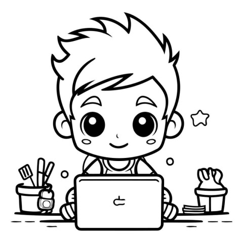 Black and White Cartoon Illustration of Kid Boy Using Laptop for