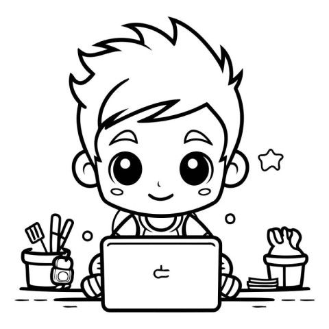 Black and White Cartoon Illustration of Kid Boy Using Laptop for