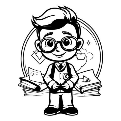 Black and White Cartoon Illustration of a Teenage Boy Student We