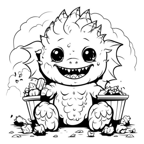 Black and White Cartoon Illustration of Funny Monster for Colori