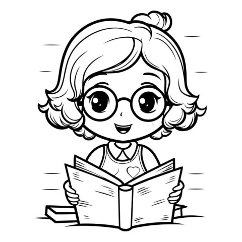 Cute Little Girl Reading a Book - Black and White Cartoon Illust