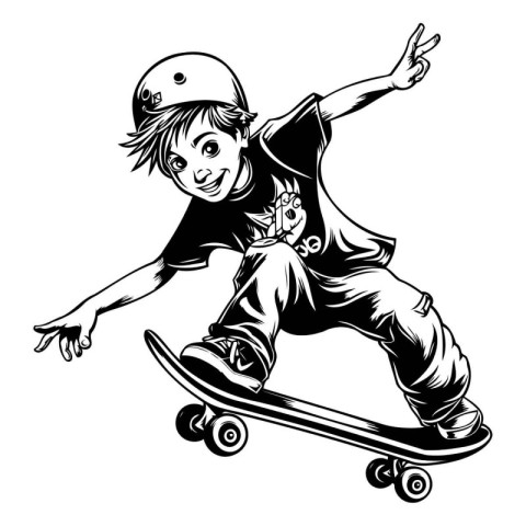 Boy skateboarder on skateboard. black and white vector illustrat