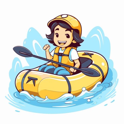 Cute little girl in a kayak. Cartoon vector illustration.