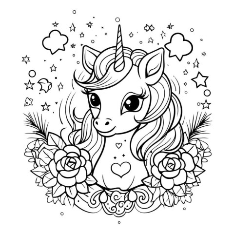 Unicorn with flowers and stars. Black and white vector illustrat