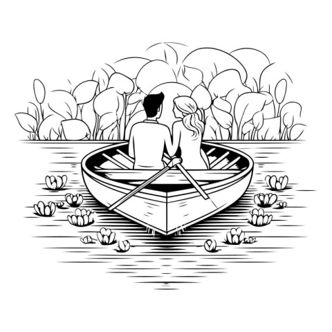 Couple in a boat on the lake. Black and white vector illustratio