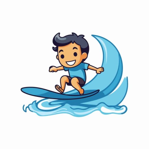 Surfer boy riding a wave. Vector illustration isolated on white