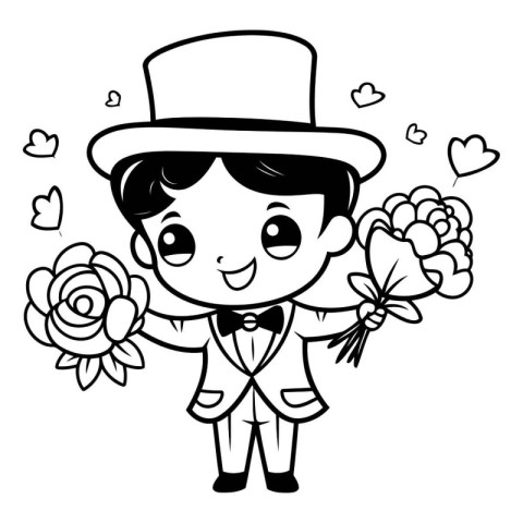 Black and White Cartoon Illustration of Cute Gentleman with Flow