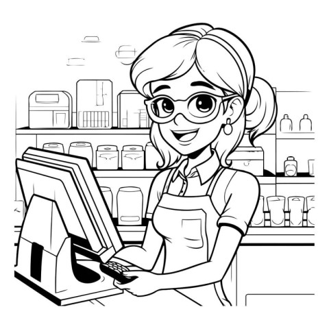 Black and white illustration of a cashier at the cash register.