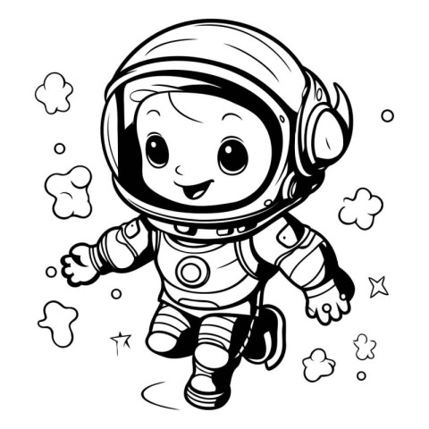 Cute astronaut in space suit. black and white vector illustratio