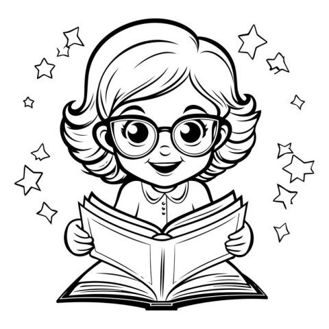 Girl Reading a Book - Black and White Cartoon Illustration. Vect