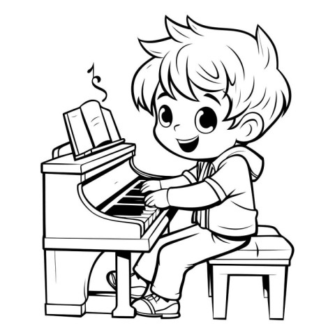 Boy Playing Piano - Black and White Cartoon Illustration. Isolat