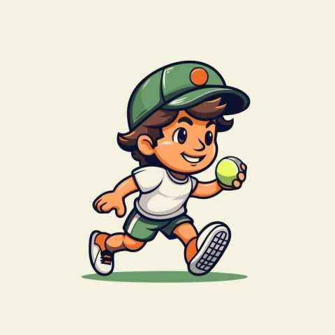 Cute Little Boy Playing Tennis Cartoon Mascot Character Illustra