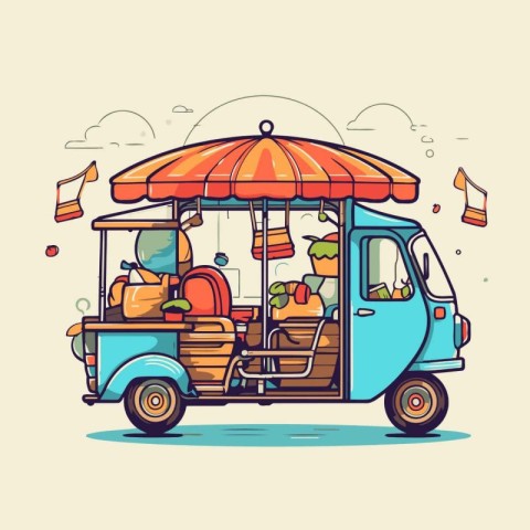 Food truck with fruits and vegetables. Vector illustration in ca