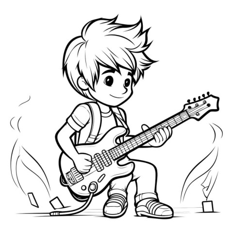 Boy Playing Electric Guitar - Black and White Cartoon Illustrati