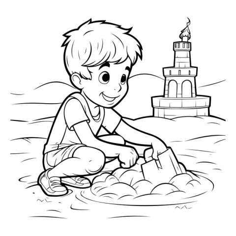 Boy playing in the sand. Black and white vector illustration for