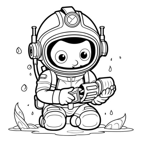 Black and White Cartoon Illustration of Cute Baby Astronaut Char